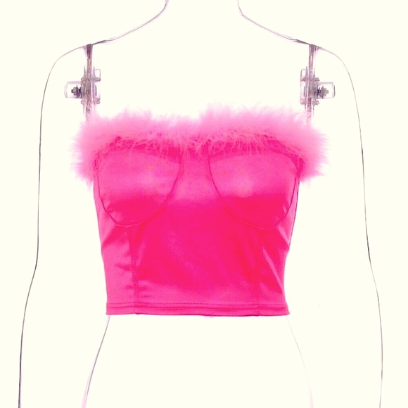 Neon pink feather trim strapless cropped tube top - Picture 5 of 14